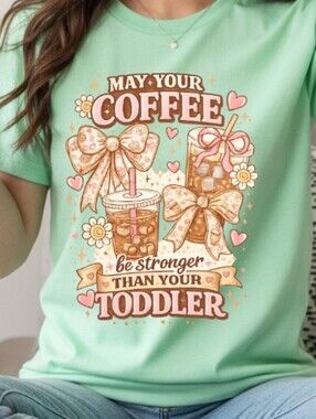 Gildan Mint Green Short Sleeve Tee with Pink and Brown Coffee Graphic